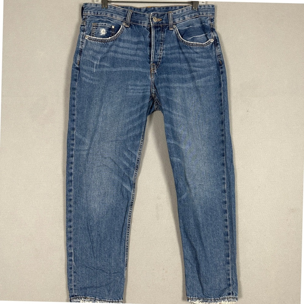 &Denim Jeans Womens 28 Boyfriend Blue Low Waist Frayed Hem Distressed Denim Pant